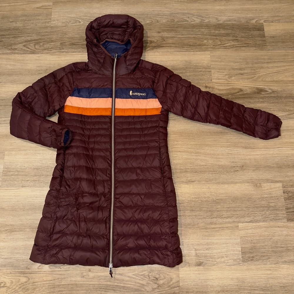 Cotopaxi Fuego 800 Fill Down Hooded Parka Jacket Black Iris Stripes Small